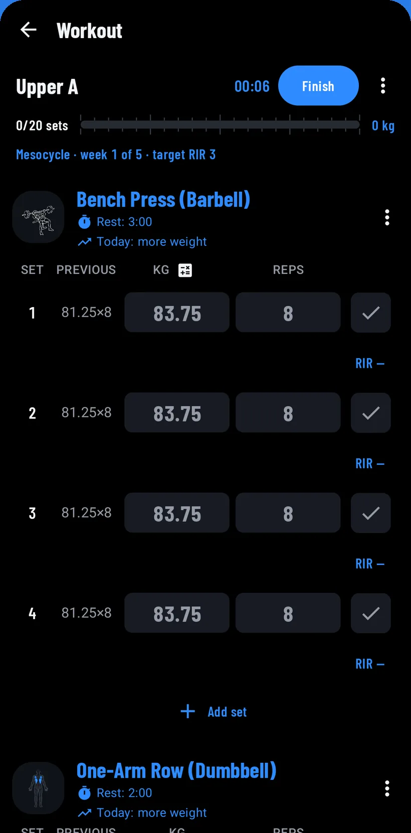 Upper A workout in progress: bench press with four sets of 83.75 kg for 8, the RIR for each set and the hint “Today: add weight”.