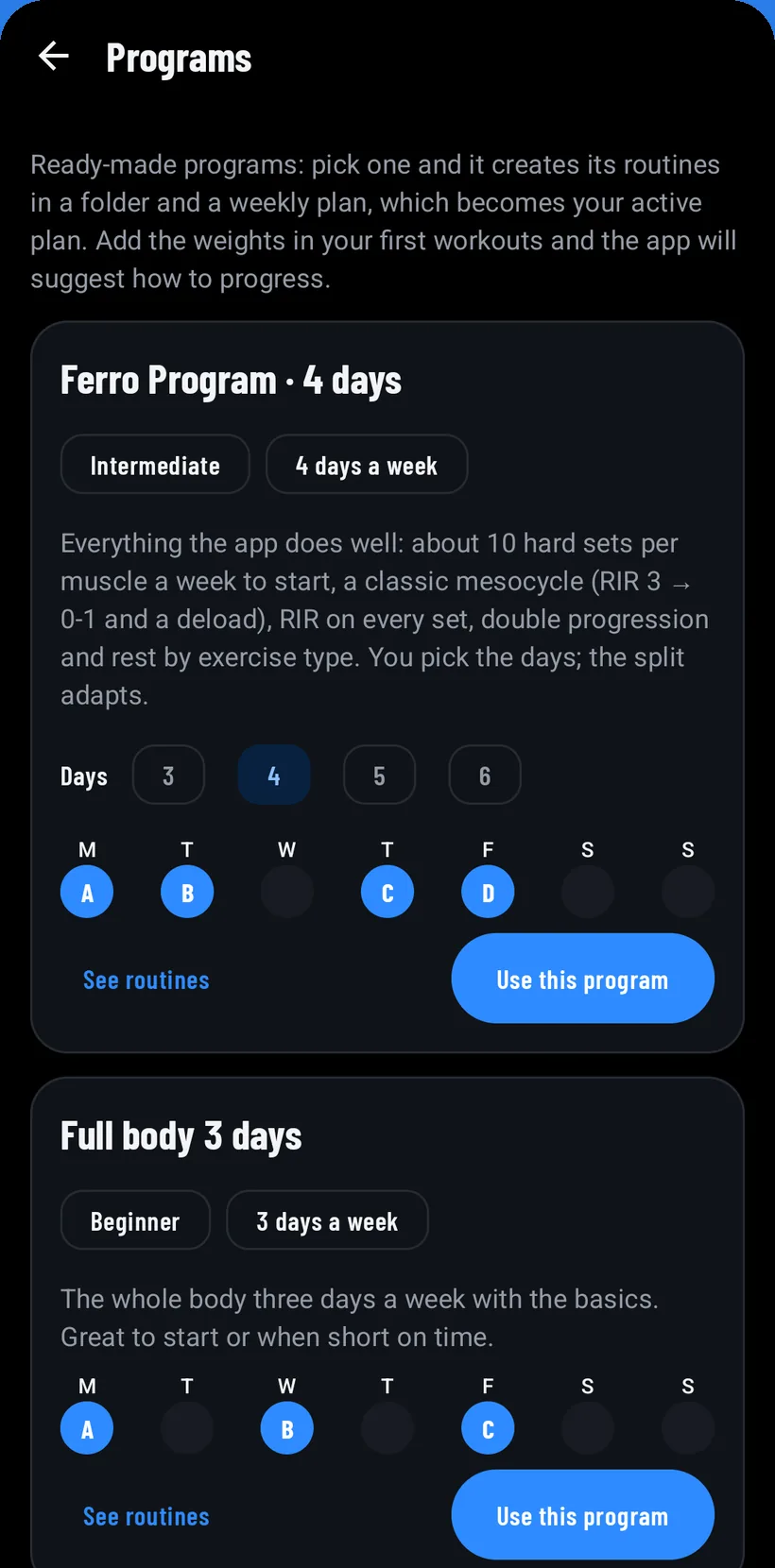 4-day Ferro Program: what it includes, the 3 to 6 day picker and routines A, B, C and D laid out across the week.