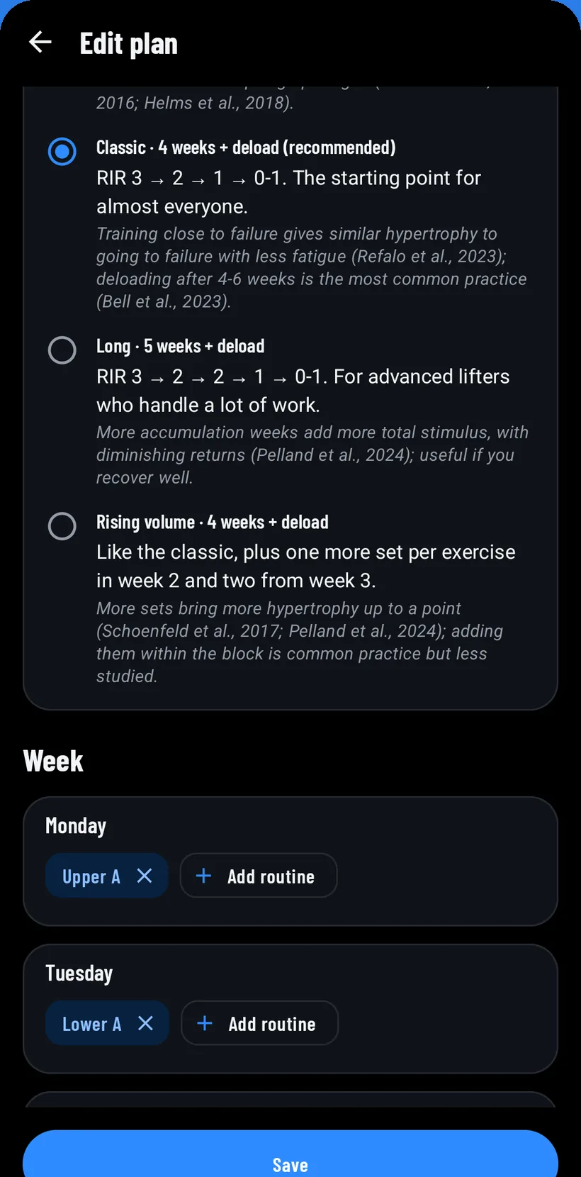 Choosing a mesocycle: short, classic, long and rising volume, with each week's RIR and the studies behind each one.