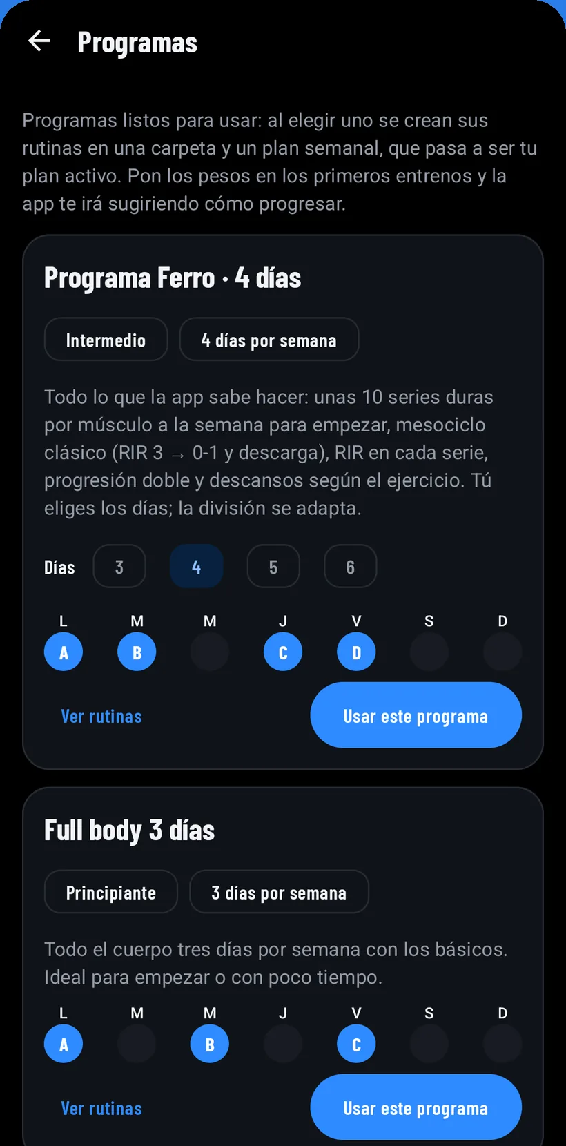 Programa Ferro de 4 días: lo que incluye, el selector de 3 a 6 días y el reparto de las rutinas A, B, C y D en la semana.